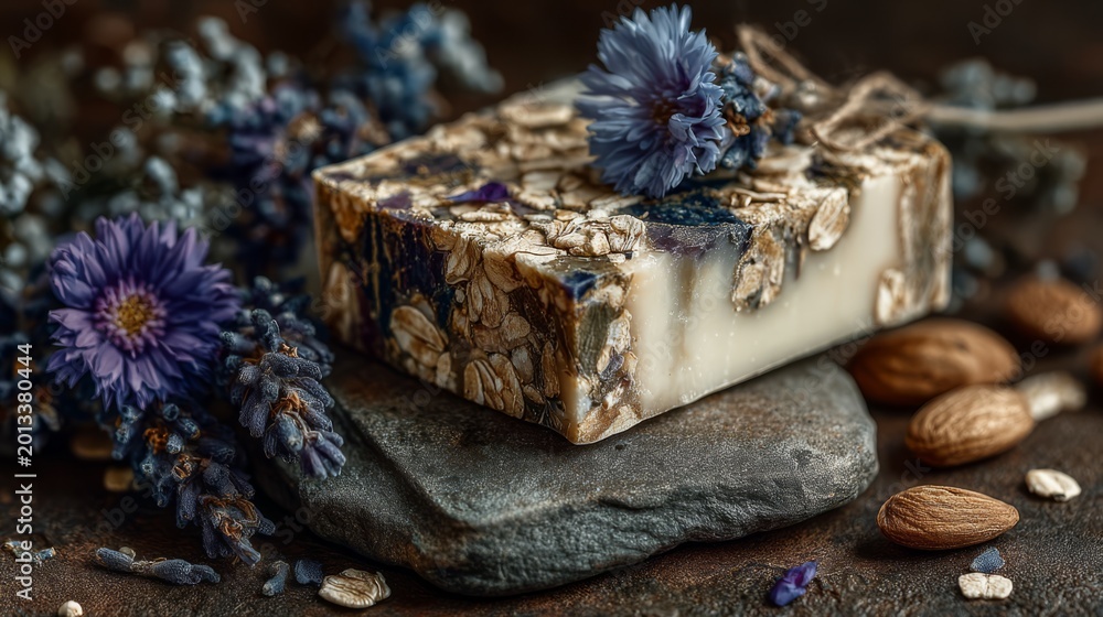 Fototapeta premium Artisanal soap rich in oats and botanicals rests among blossoms and nuts on dark stone, evoking natural skincare, eco luxury, and organic wellness branding.