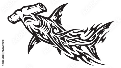 Tableau sur toile Shark head logo with tribal flame tattoos and aggressive lines for t-shirt, stic