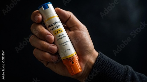 Hand Holding Epinephrine Auto-Injector for Emergency Allergic Reactions and Anaphylaxis