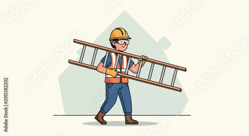 фотографія Construction Worker Carrying Ladder Safely, Professional Safety Gear