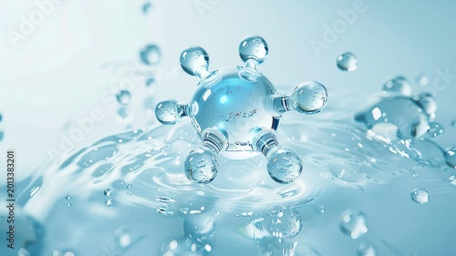 Clear crystalline molecule resting on rippling blue water surface with splashing droplets.