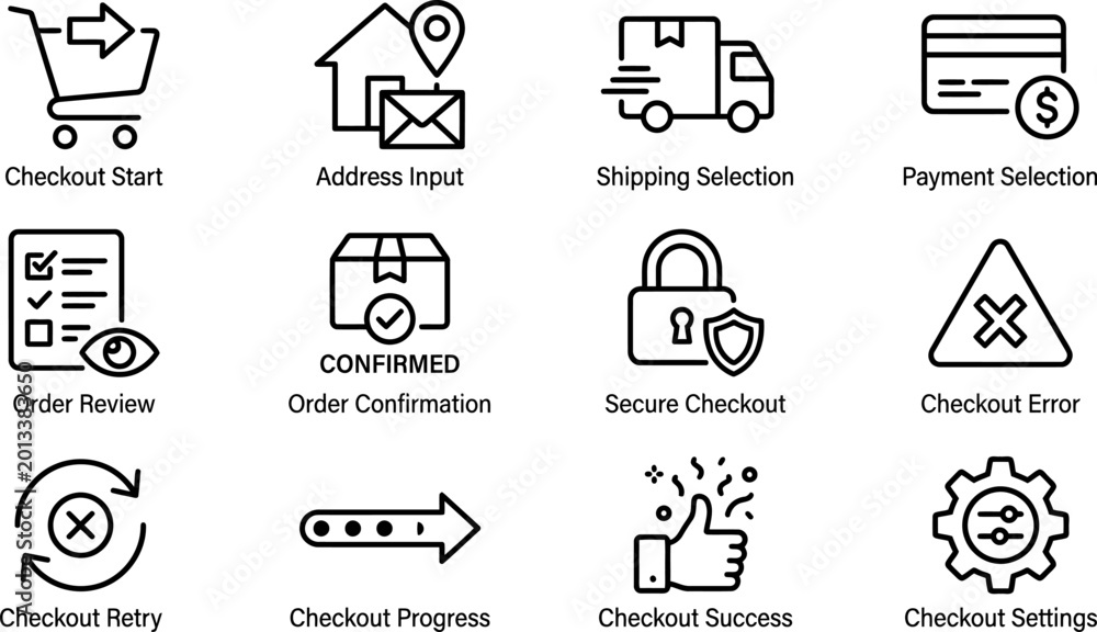 Fototapeta premium Set of ecommerce checkout and online shopping process line icons.