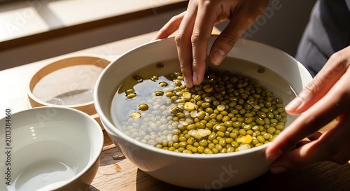 Hands Sorting Green Mung Beans Soaking in White Bowl on Sunlit Kitchen Table