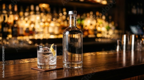 Premium unbranded vodka bottle on a dark wooden bar counter with a cocktail glass.