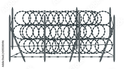 Bild auf Leinwand Barbed wire fence rolls stacked together.
