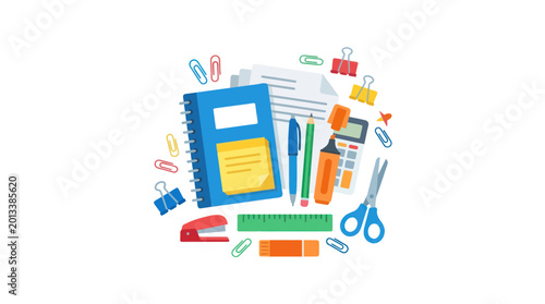 Colorful School Supplies and Stationery Items.