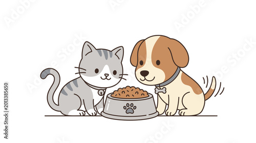 Canvas Print Cute Cat and Dog Eating Together.