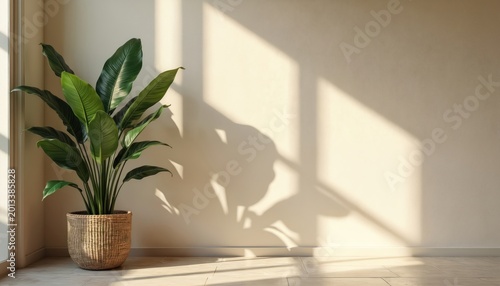 Empty room corner with large potted plant. Soft sunlight streams through window casting leaf shadows on wall. Natural light creates calm, serene atmosphere for virtual meetings.