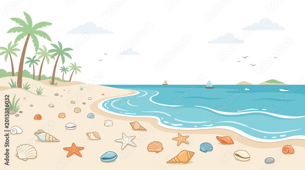 Obraz premium Seashells and starfish on sand beach.