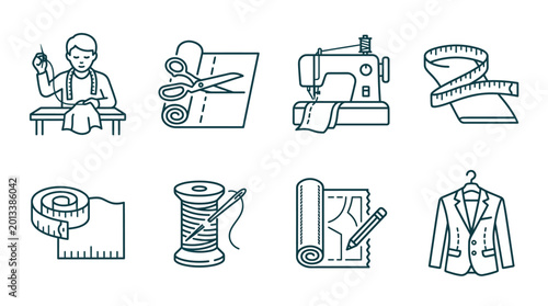 Sewing tools and equipment icons set.