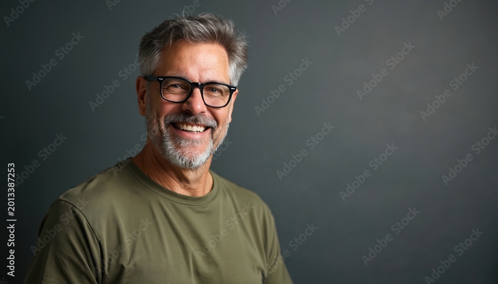 Obraz premium Smiling middle-aged man with graying hair and beard wears glasses and green t-shirt. Confident, friendly portrait against plain gray backdrop, studio shot, head and shoulders view, genuine expression.