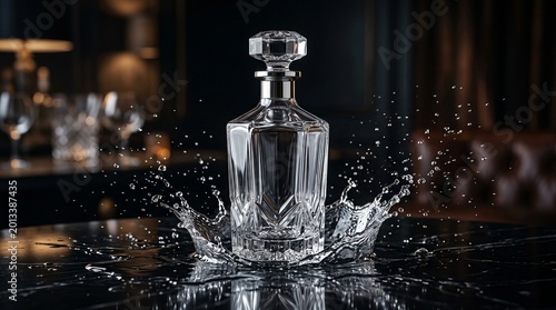 Elegant crystal vodka decanter with a dramatic water splash on black marble.
