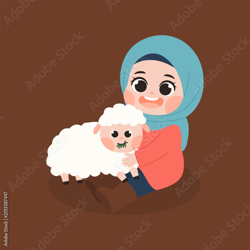 Muslim Girl is Sitting on the Ground While Holding Cute Sheep