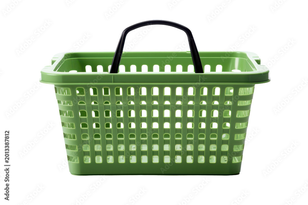 Fototapeta premium Green plastic shopping basket with black handle on black background image, Isolated On Transparent Background, Png Cut Out