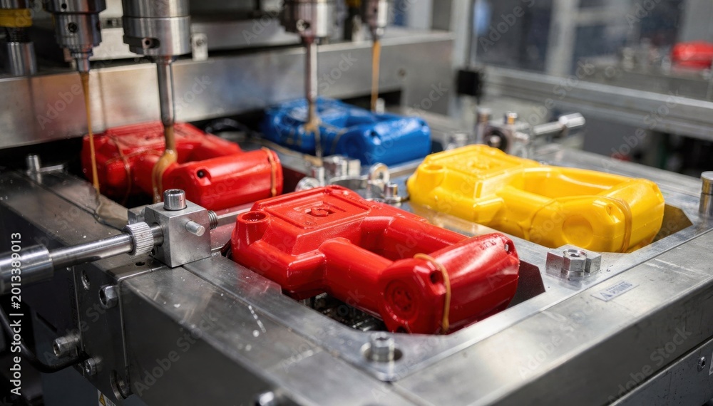 Fototapeta premium Medium shot of multicavity injection molds shaping colorful plastic power tool housings with smooth vibrant resin surfaces in a hightech manufacturing environment.