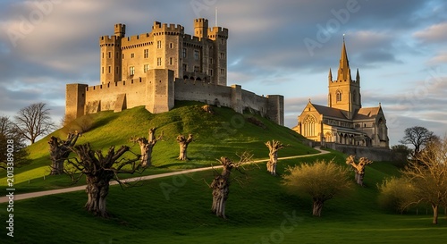 Historic Stone Castle Standing on Green Hill Beside Church at Sunset