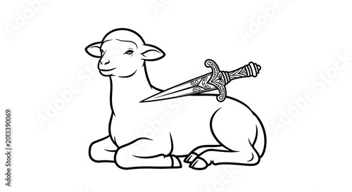 Quadro em tela Lamb with sword on back lying.