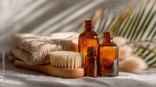 Natural Spa Essentials - Amber Bottles, Brush, and Towel with Palm Leaf Shadow.