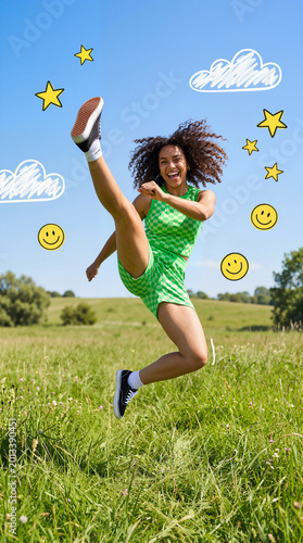 Woman kicking grassy field playful doodle stars and clouds