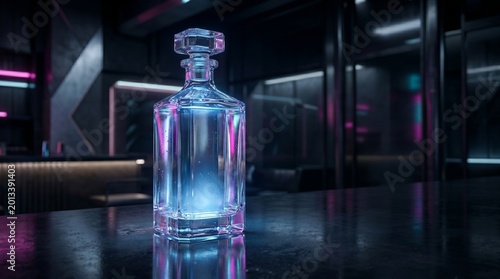 Futuristic crystal vodka bottle with blue glowing light on a dark marble counter.
