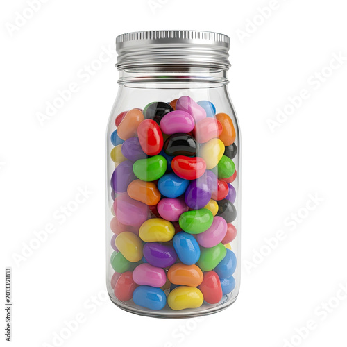 A clear glass mason jar filled with a colorful variety of jelly bean candies.