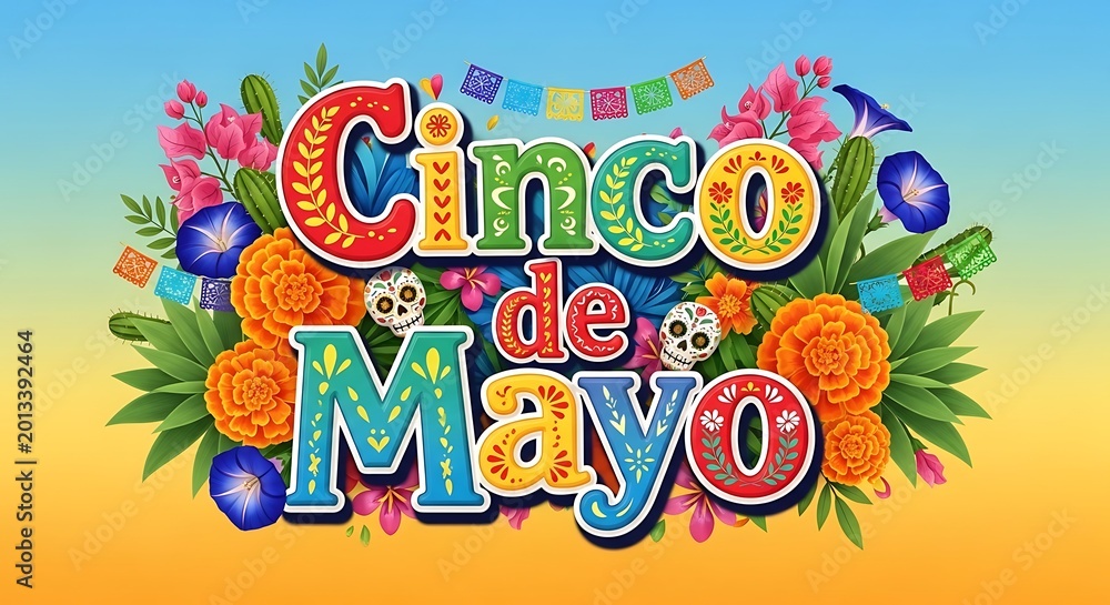 Fototapeta premium Cinco de mayo celebration with flowers and bunting, colorful
