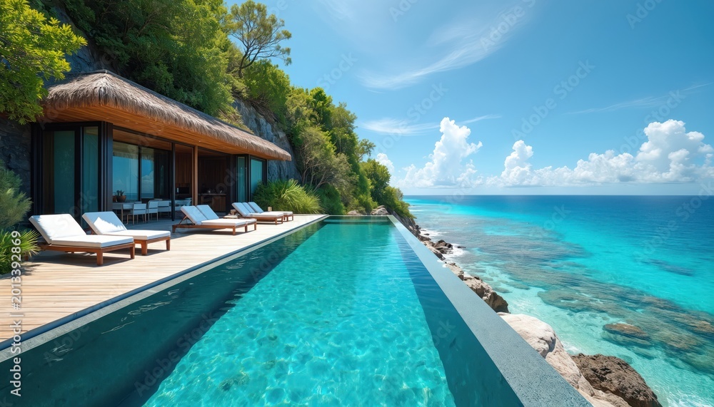 Obraz premium Cliffside villa with infinity pool overlooks blue ocean. Tropical resort features sun loungers on wooden deck. Rich green trees surround luxury vacation home with thatched roof, modern architecture.