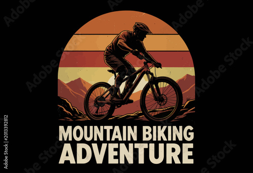 Silhouette of Mountain Biker Riding Through a Dramatic Vintage Desert Landscape Illustration
