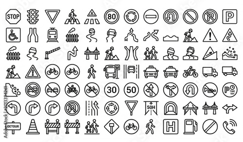 Quadro su tela Set of 50 road traffic vector icons with transportation signs and safety symbols