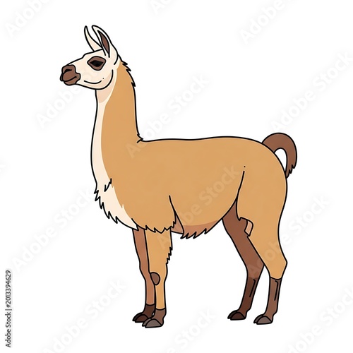 Cute Tan Llama Standing in Simple Cartoon Style on White Background