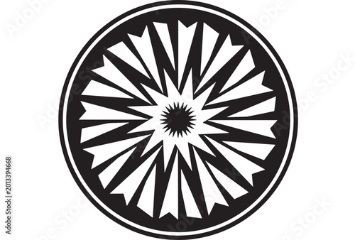 Foto Prohibition badge icon with bold spoked rays and central sunburst inside a thick