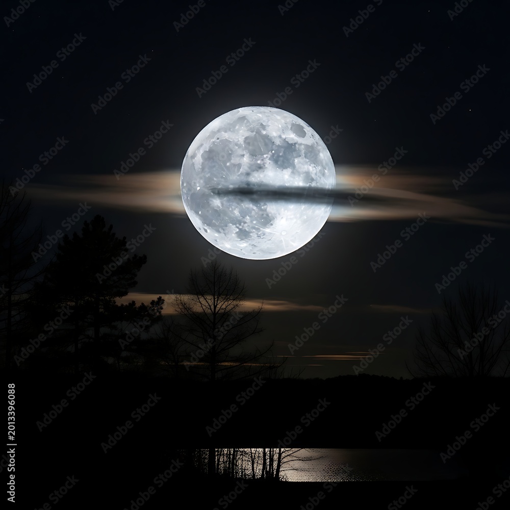 Fototapeta premium Bright Full Moon Glowing Behind Thin Clouds Over Silhouetted Trees at Night
