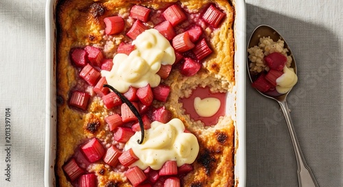 Warm Rhubarb Custard Dessert Baked in Ceramic Dish on Linen Table