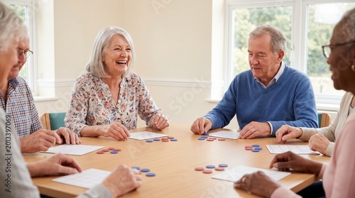 Senior adults playing a game and smiling around a table indoors  