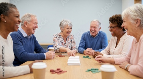 Elderly adults laughing and playing games at table in community center  