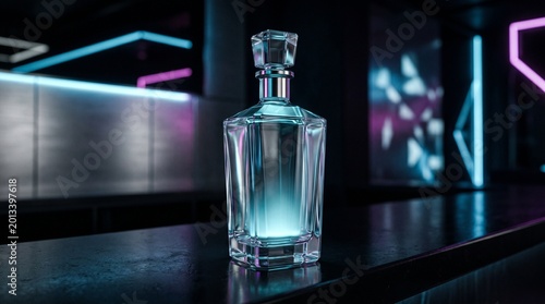 Premium vodka bottle frozen inside a crystal clear ice block with lime and mint.