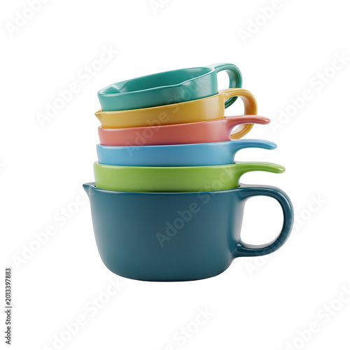 A colorful stack of ceramic measuring cups for baking and cooking.