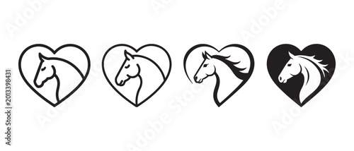 Schilderij op canvas Horse Head Silhouette Inside Heart Shape, Set of Four Icons.