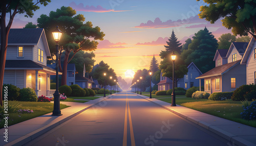 A serene suburban street scene at sunset with firefly flying over houses and street lamps