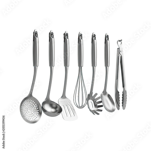 Set of stainless steel kitchen utensils isolated on white background.