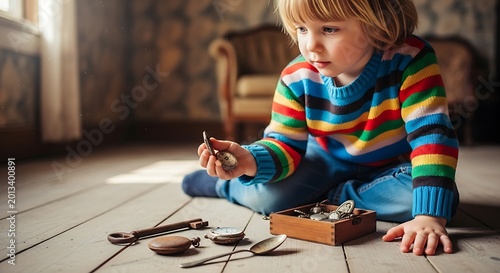 A young, fair-haired child examines antique items scattered on a wooden floor, bathed in warm sunlight. He wears a striped sweater