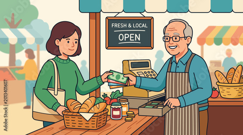 A young woman pays a smiling elderly shopkeeper for fresh bread and organic produce at a busy outdoor market stall.