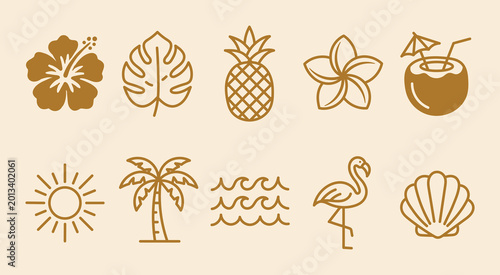 Set of tropical icons including hibiscus flower, monstera leaf, pineapple, plumeria, coconut, sun, palm tree