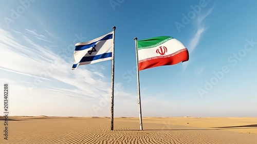 Israel and Iran Flags Flying in Desert Political Concept