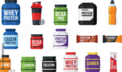 Schilderij op canvas Minimalist Set of Health Supplement Icons Including Protein Powder, Energy Drink