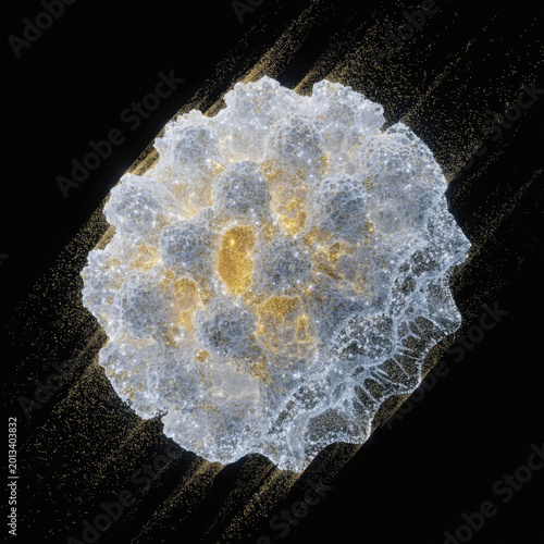 Detailed 3D rendering of a virus structure with a translucent surface, illuminated by a golden glow against a dark background, showcasing intricate surface textures and patterns