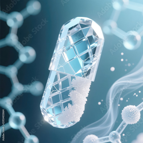 Transparent capsule filled with crystalline particles floating in a digital space with molecular structures and soft blue lighting creating a scientific atmosphere