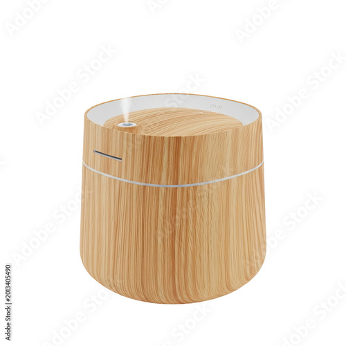 Modern minimalist wooden aroma diffuser isolated on white background.