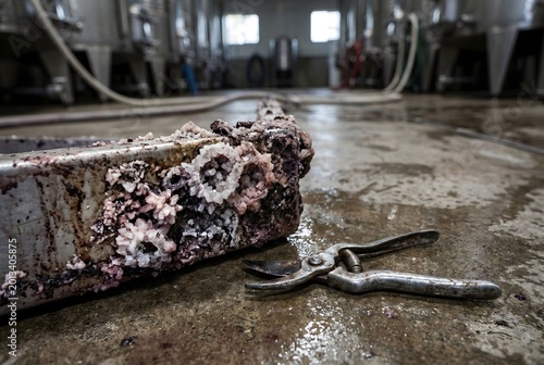 Winery destemmer hopper with hard tartaric acid crystals and tannin