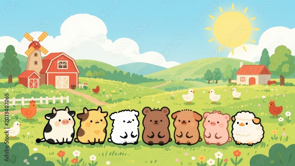 Obraz premium Cute Cartoon Farm Village with Happy Animals and Windmill